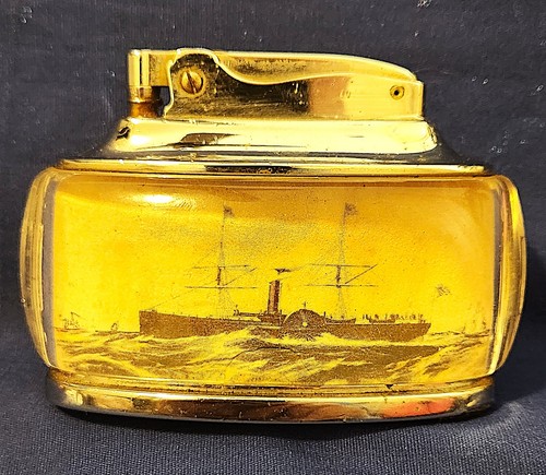 VINTAGE NMT RONSON TROPHY LIGHTER w/ SIDEWHEEL SHIP & TALL SHIP WORKS!!