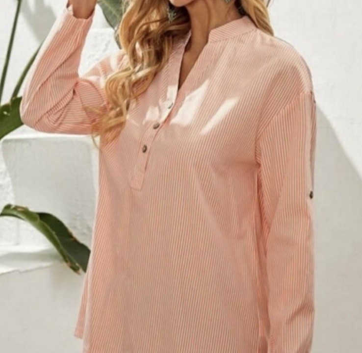 Emery Rose Peach White Striped Split Neck Roll Tab Sleeve Tunic Blouse XXL
