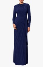 Betsy Adam Navy Blue Side Ruffle Long Sleeve Jersey Gown Size 6 209