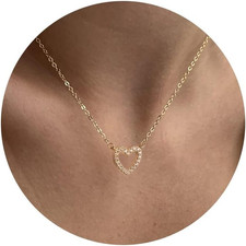 Dainty Heart Necklace for Women,14K Gold/Silver Plated Tiny Gold Love Heart Pend
