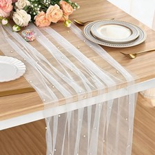 White Pearl Table Runner 120 Inch 10FT Wedding Table Decor White Tulle Gauze ...