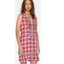 Johnny Was Workshop Peasant Red London Plaid Embroidered Tunic Dress Size Large