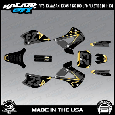 Graphics Kit for Kawasaki KX85 KX100 UFO Restyle 2001-2013 Evader - Gold