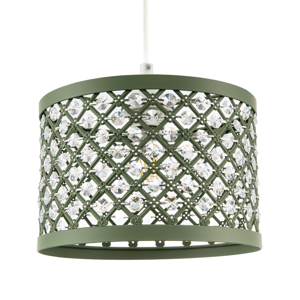 Modern Ornate Olive Green Metal Pendant Shade with Clear Acrylic Beads by Hap...