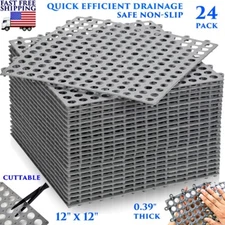 INTERLOCKING DRAINAGE FLOOR MAT 12" X 12" PVC NON-SLIP GARAGE TILES 24 PACK GRAY