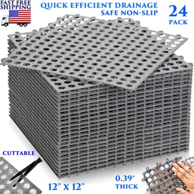 INTERLOCKING DRAINAGE FLOOR MAT 12'' X 12'' PVC NON-SLIP GARAGE TILES 24 PACK GRAY