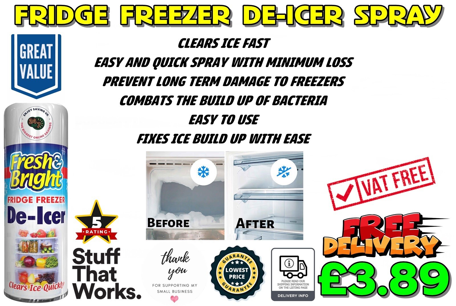 FRIDGE FREEZER DE ICER SPRAY HYGIENIC REMOVES ODOURS DEFROSTS CLEARS