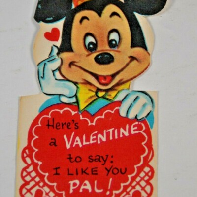 c 1930s 1940s Disney Valentines Mickey Mouse I Like You Pal Diecut Made in USA