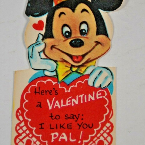 c 1930s 1940s Disney Valentines Mickey Mouse I Like You Pal Diecut Made in USA