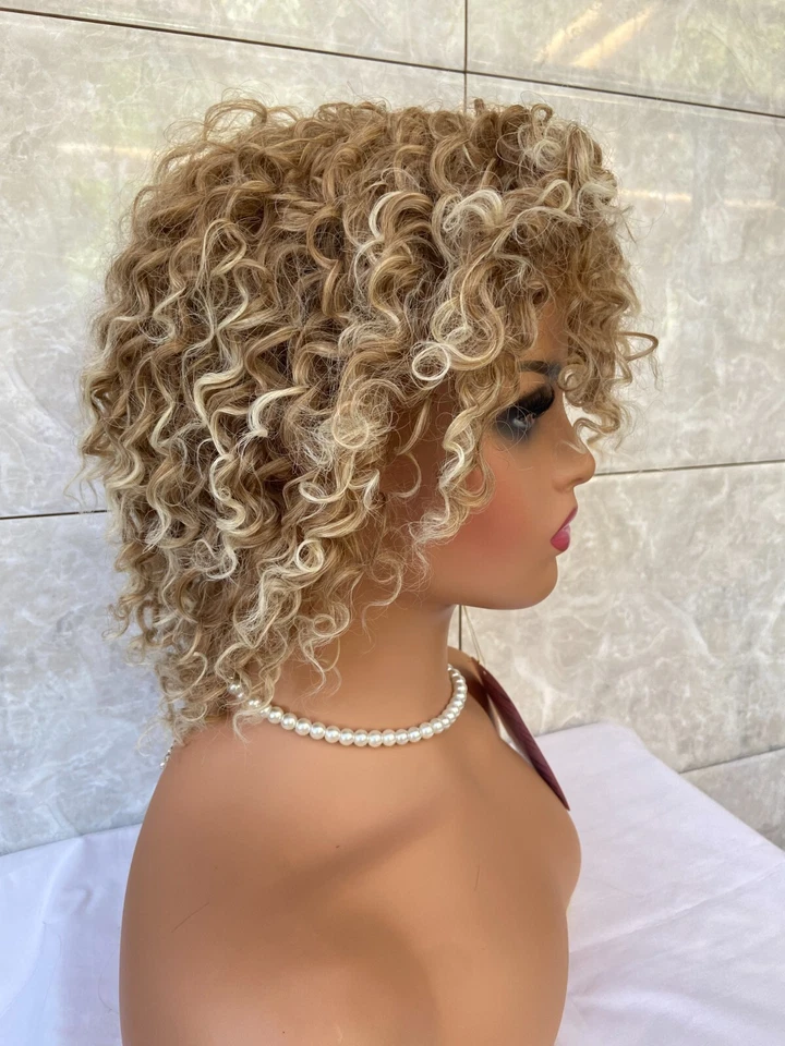 Pelucas de cabello sintético afro rizado mezcla rubia de longitud media pelucas naturales para mujeres Foto 3 de 4