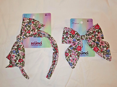 Scunci Floral Headband W Bow & Bow Snap Clip 2 Piece Set New