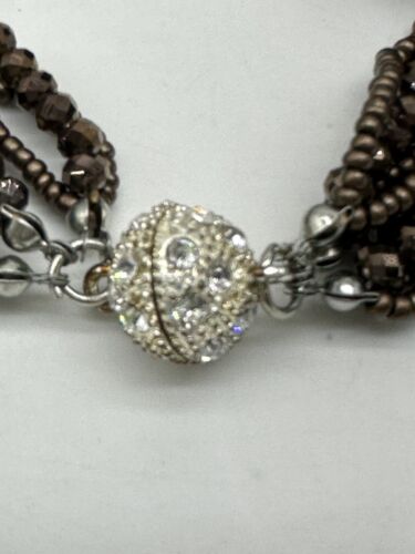 Multi Strand Bracelet Black Twist Beaded Rhinestone Silvertone Magnetic - Picture 2 of 6
