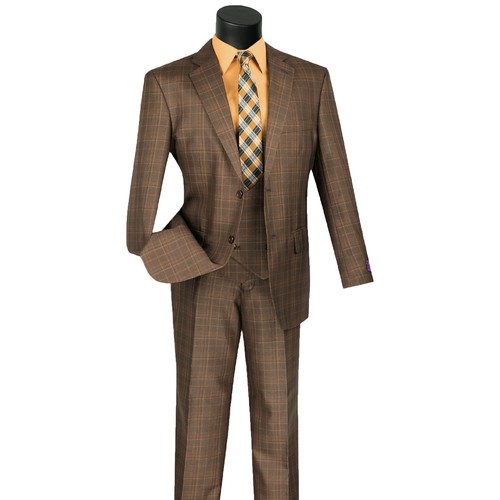 VINCI Men's Brown Sharkskin Glen Plaid 3pc Classic-Fit Suit - NEW - Picture 3 of 3