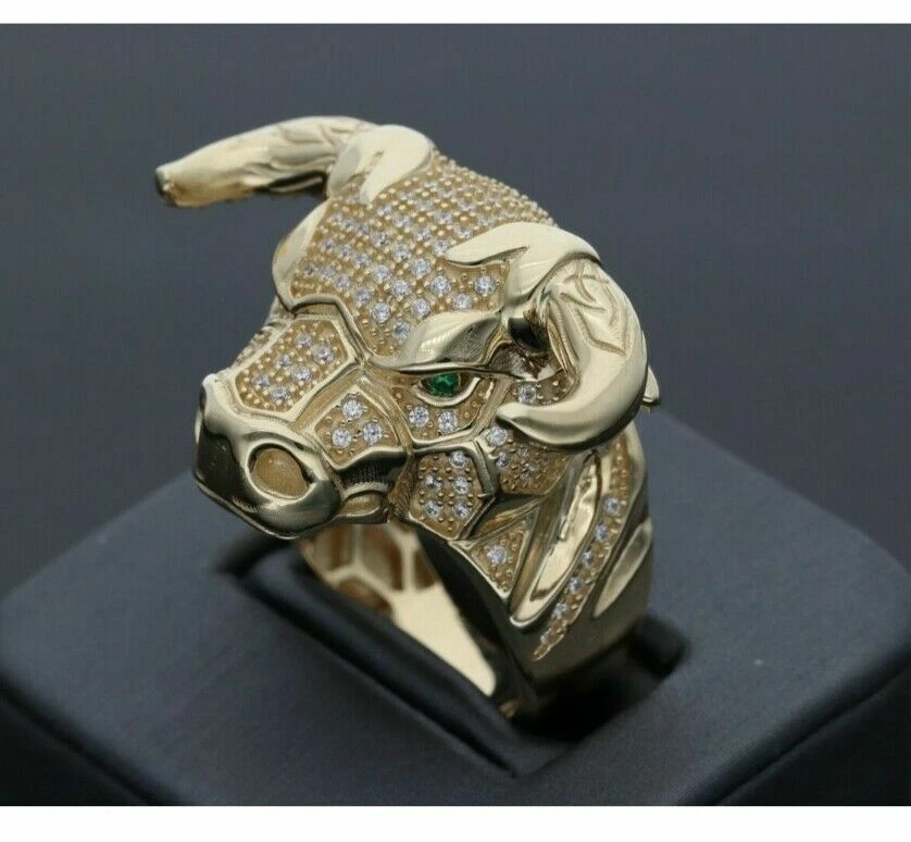 Anillo banda toro hip hop diamante corte redondo 2,00 quilates enchapado en oro amarillo de 14 k para hombre Foto 2 de 4