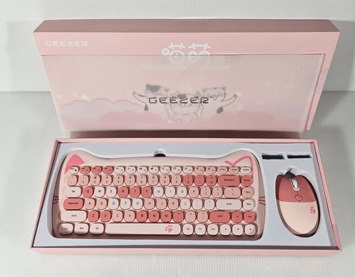 Geezer Pink Cat Wireless Keyboard & Mouse, Easy Keys, Kids Children Girls NEW