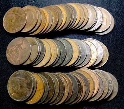 BRITISH LARGE PENNY LOT of 56 Pennies 1860-1966 All Readable Dates. ENN Coins - Image 1 of 4