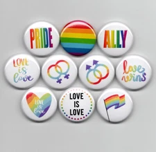 PRIDE pinback buttons set 1" LGBTQ gay love wins flag rainbow heart ally is