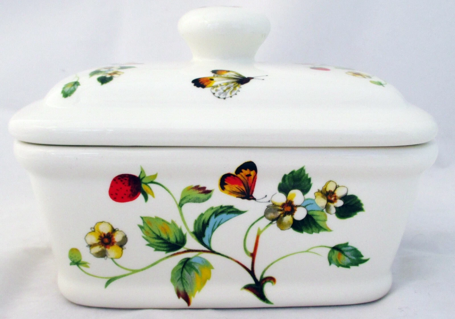 Strawberries & Butterflies Butter Dish Fine Bone China Lidded Container UK