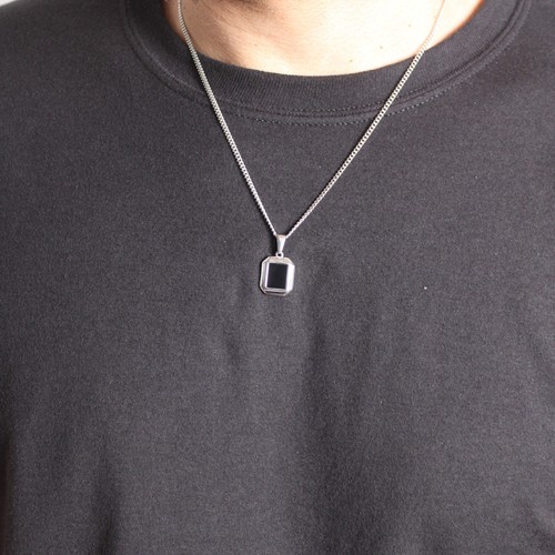 Onyx Pendant Chain Necklace Stainless Steel Black Gemstone Pendant - Picture 2 of 5