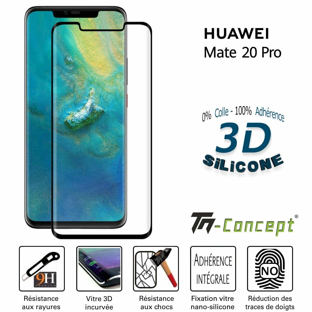 Verre trempé 3D Huawei Mate 20 Pro Noir fini les bulles avec l'adhérence totale