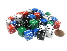 Set of 50 D6 12mm Opaque Square Edge Dice; 10 Each of Red White Blue Green Bl...