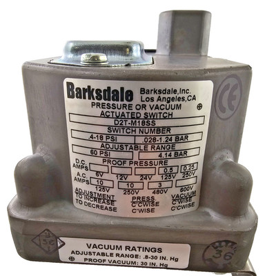 Barksdale D2T-M18SS Vacuum Pressure Switch 60PSI 2SPDT 10A@125/250 VAC, 3A@480