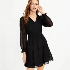 LOFT Clip Dot Tiered Black V-Neck Dress