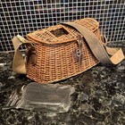 Vintage Wicker & Leather Fishing Creel Basket With Strap & Worm Box Euc Man Cave