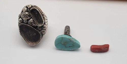 VTG Southwestern Ster. Silver Turquoise Coral Ring Parts Repair 30 Gr Not Scrap