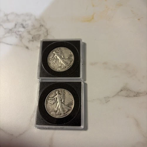 half dollar walking liberty / lot of two / 1943 / 1942 silver/with case
