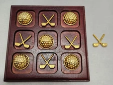 Golf Tic Tac Toe Game Wood Desk set Gold Toned pieces clubs balls