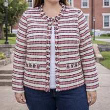Talbots Tweed Blazer Women 14P Career Preppy Minimalist Striped Fringe Office