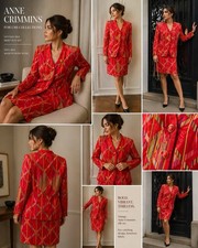 Vintage Anne Crimmins Silk Skirt Suit Set Red Multi Print Blazer Sz 10 Hong Kong