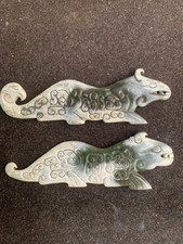 2Pcs Unique 4.0 Inch Chinese HeTain Old Jade Hand Carved *Beast* 2Faces Pendants