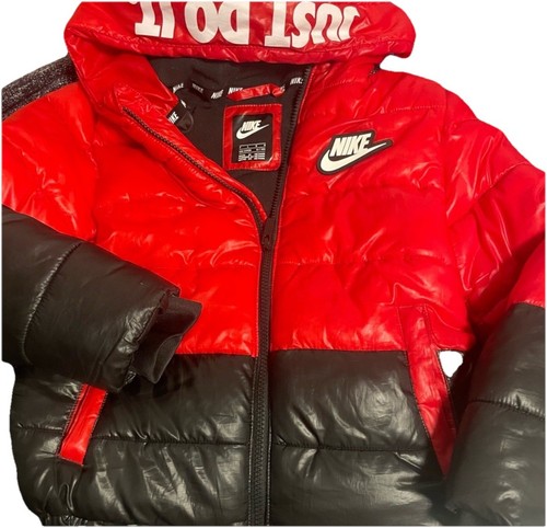 Nike Coat Boys Size Large 7L, Puffer Jacket, Zip Hood Blk w/red Logo Age 6-7