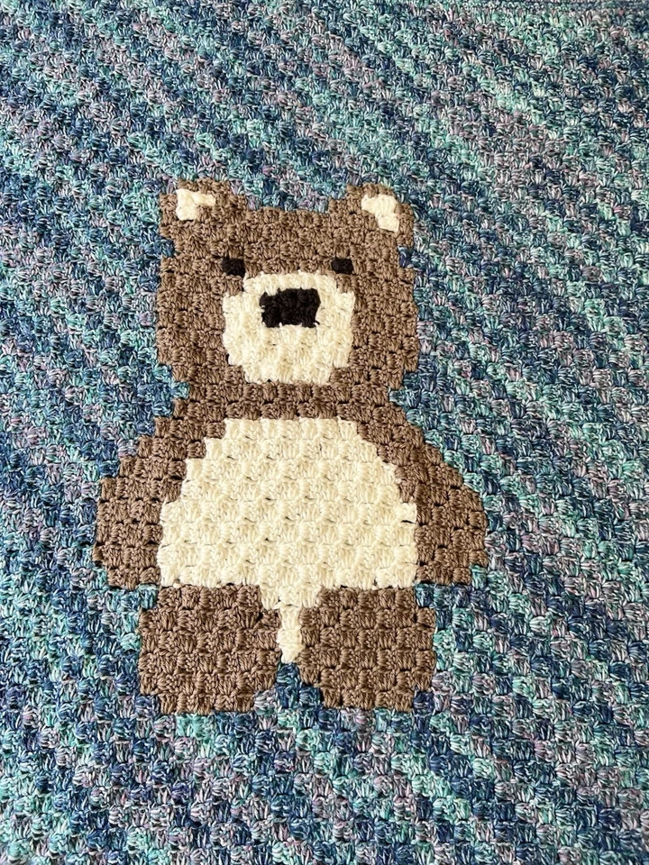 Handmade Crochet Blue Blended Teddy Bear Baby Blanket - image 2 of 4