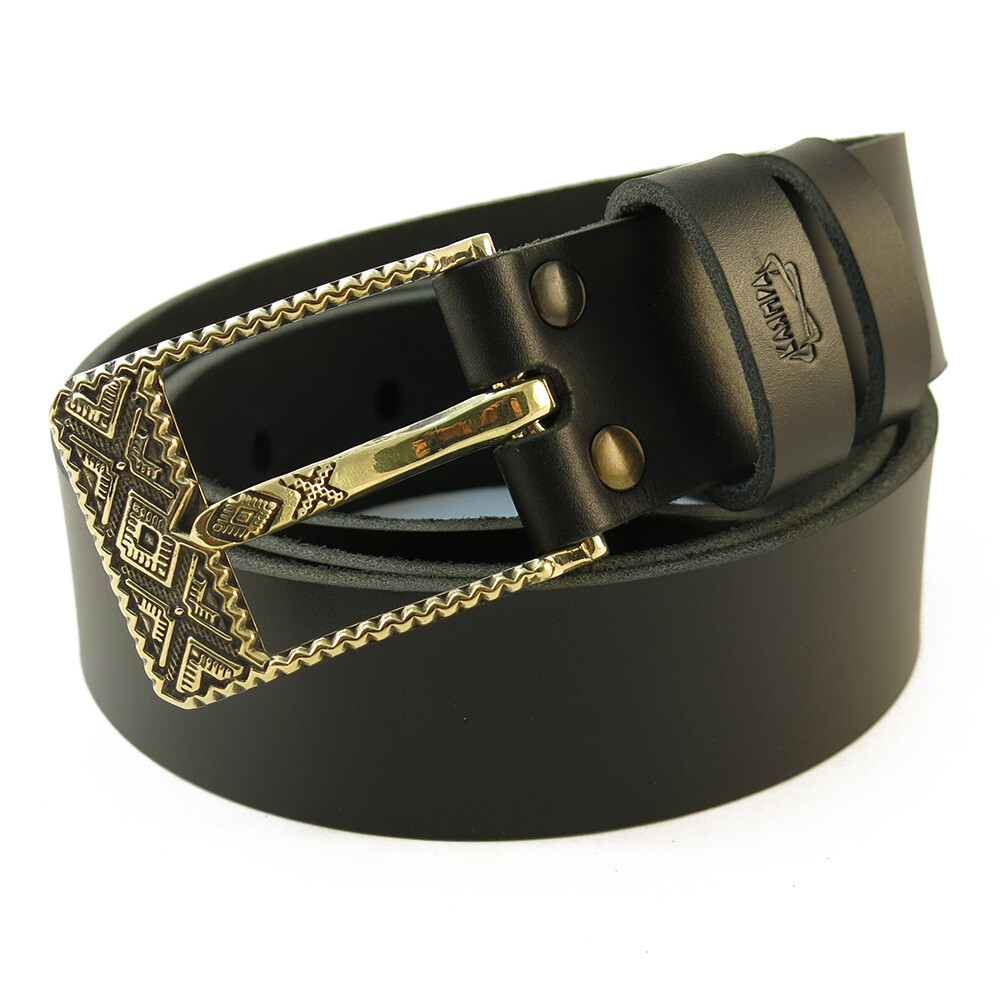 Leather belt with brass buckle Bayurok, Pin type, Handmade Ukrainian belt buckle-image