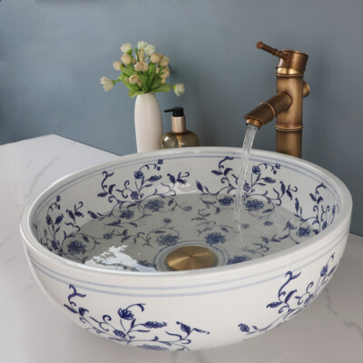16''Round Ceramic Basin Sink Above Counter Sink Antique Brass Mixer Faucet Set