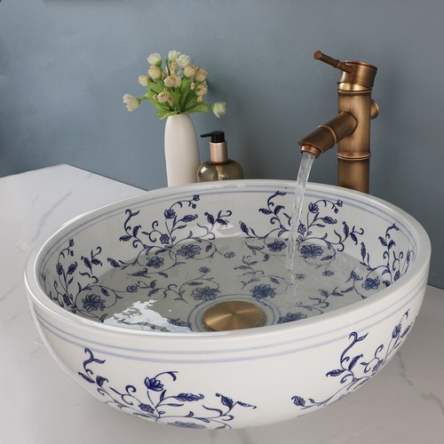 Ceramic Flower Ceramic Basin Bowl Vanity Vessel Sink Antique Brass Mixer Faucet