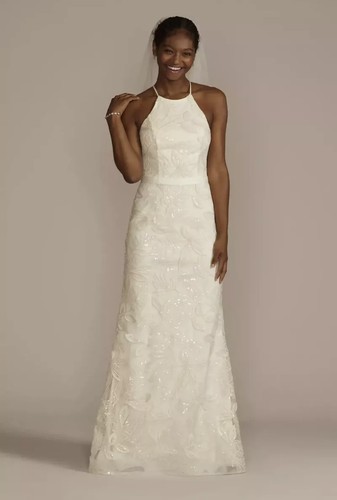 DB Studio Wedding Gown Sz 10 Soft White Sequin Leaf-Appliqued High Neck Buttons