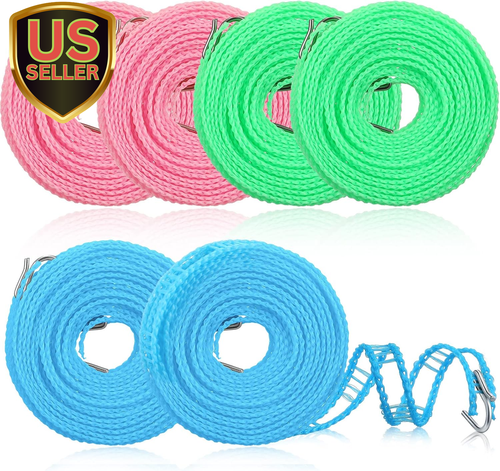 6 Pack Travel Portable Clothesline 16.4 Ft Clothes Hanging Rope for Drying Adjus