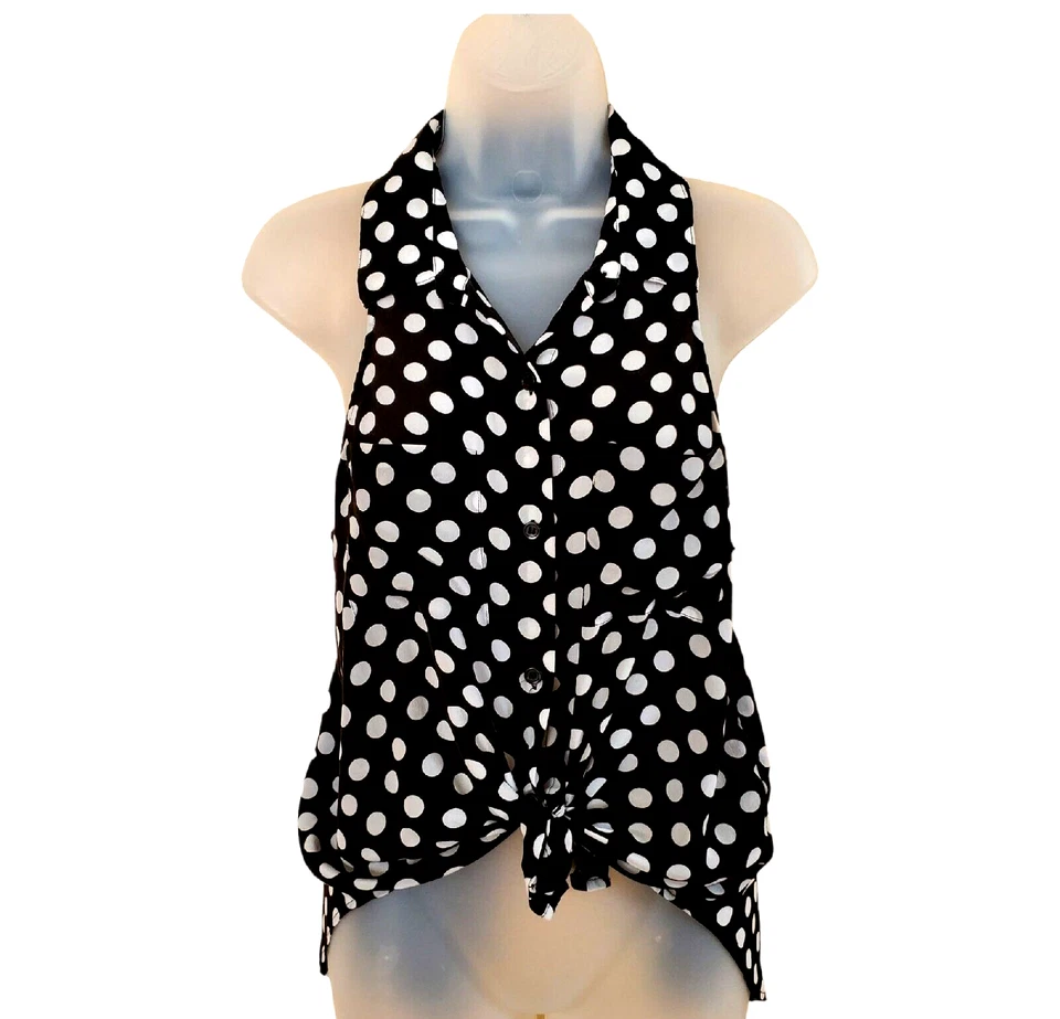 Blusa Victoria Secret de seda sin mangas pequeña negra blanca lunares nudo atado frontal Foto 4 de 4