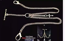 Gold Plated Look Pocket Watch Albert Double Chain With Cross Fob