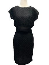 Vintage 1950s 60s Black Ribbon Knit Crochet Skirt Set Top Small Medium Weber