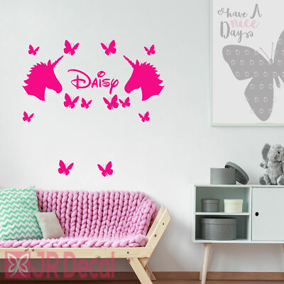 Kinderzimmer Wandsticker, 2 Einhorn Aufkleber, Mädchen personalisiert Namensaufkleber, Deko