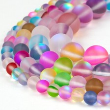 Matte Multicolor Mystic Aura Round Beads 15" Strand Frosted Mermaid Glass Loose