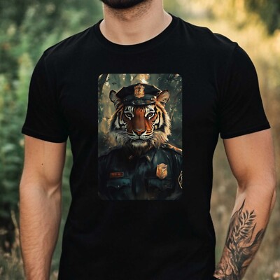 Herren T-Shirt Tiger als Polizist Motiv Baumwolle Größe XS bis 5XL