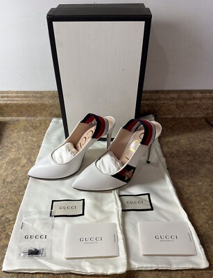 Gucci Sylvie Web Accent Leather Slingback White Heel Pumps UK 37.5 US 6.5 New