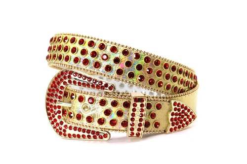 Rhinestone Western Belt Bling Gold Red Unisex Men Pant 42 Cinto Vaquero
