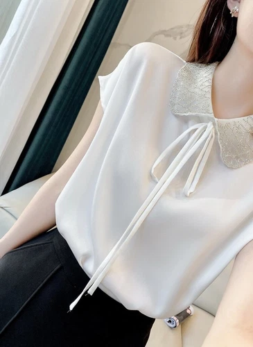 Neu Mode Damen locker Puppenkragen Schleife Kurzarm Sommer Shirt Top - Bild 6 von 9